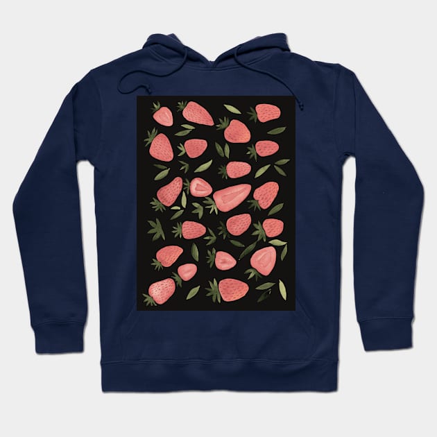 Watercolors strawberries - dusty pink on dark background Hoodie by wackapacka